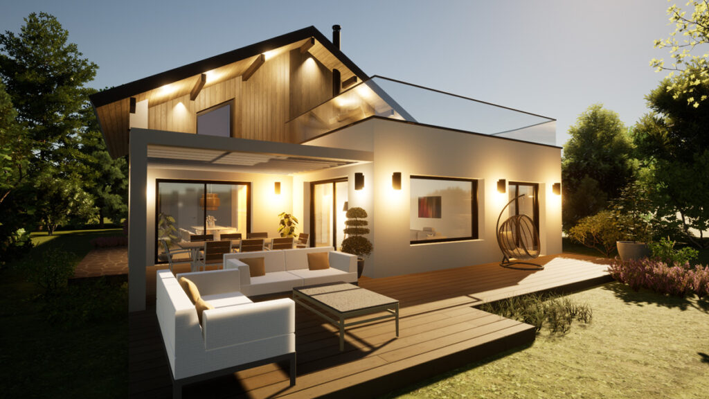 architecte à saint jorioz pour l'extension d'une maison avec pergola, vue 3D